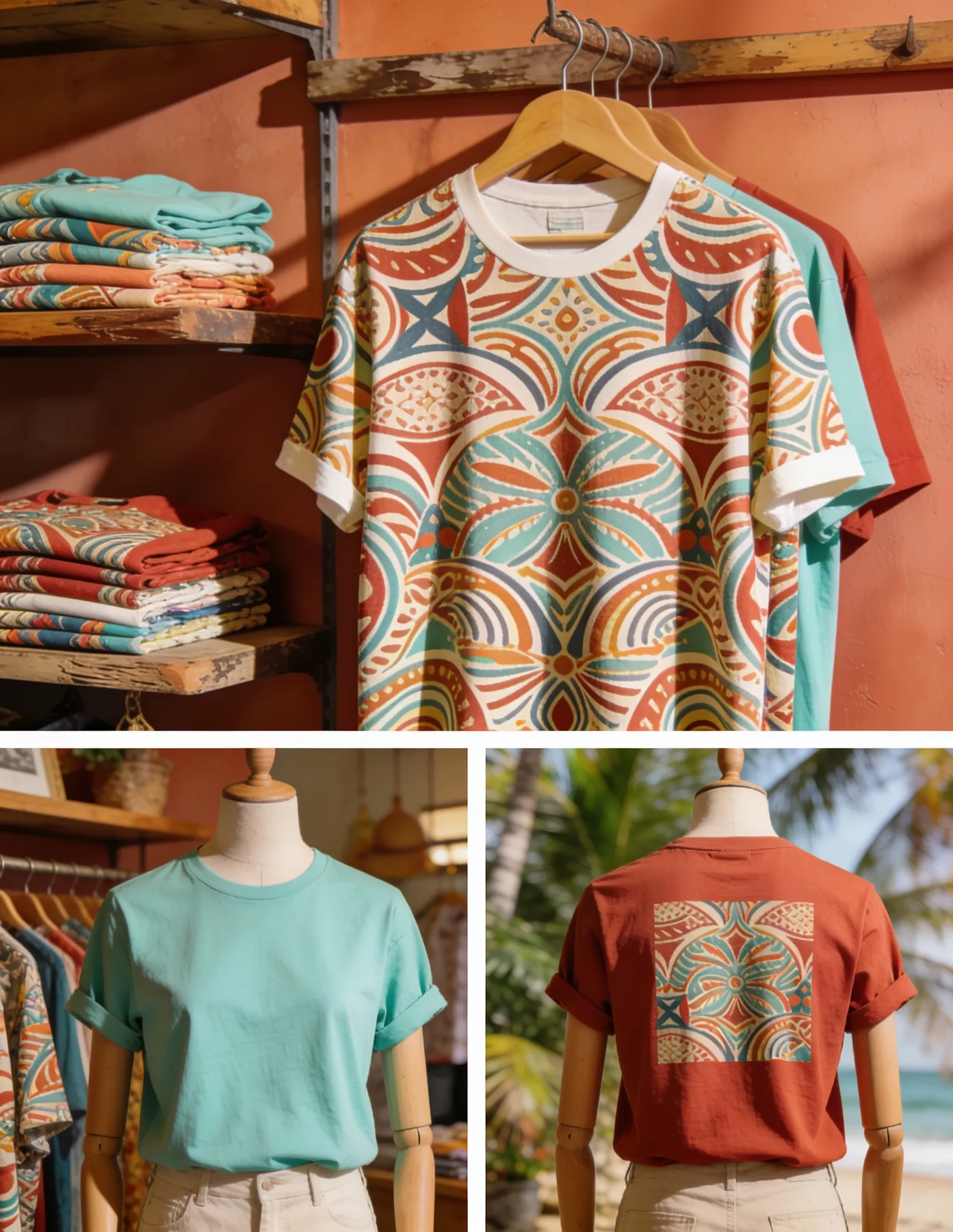 Camisetas com estampa na frente e nas costas em ambiente de loja