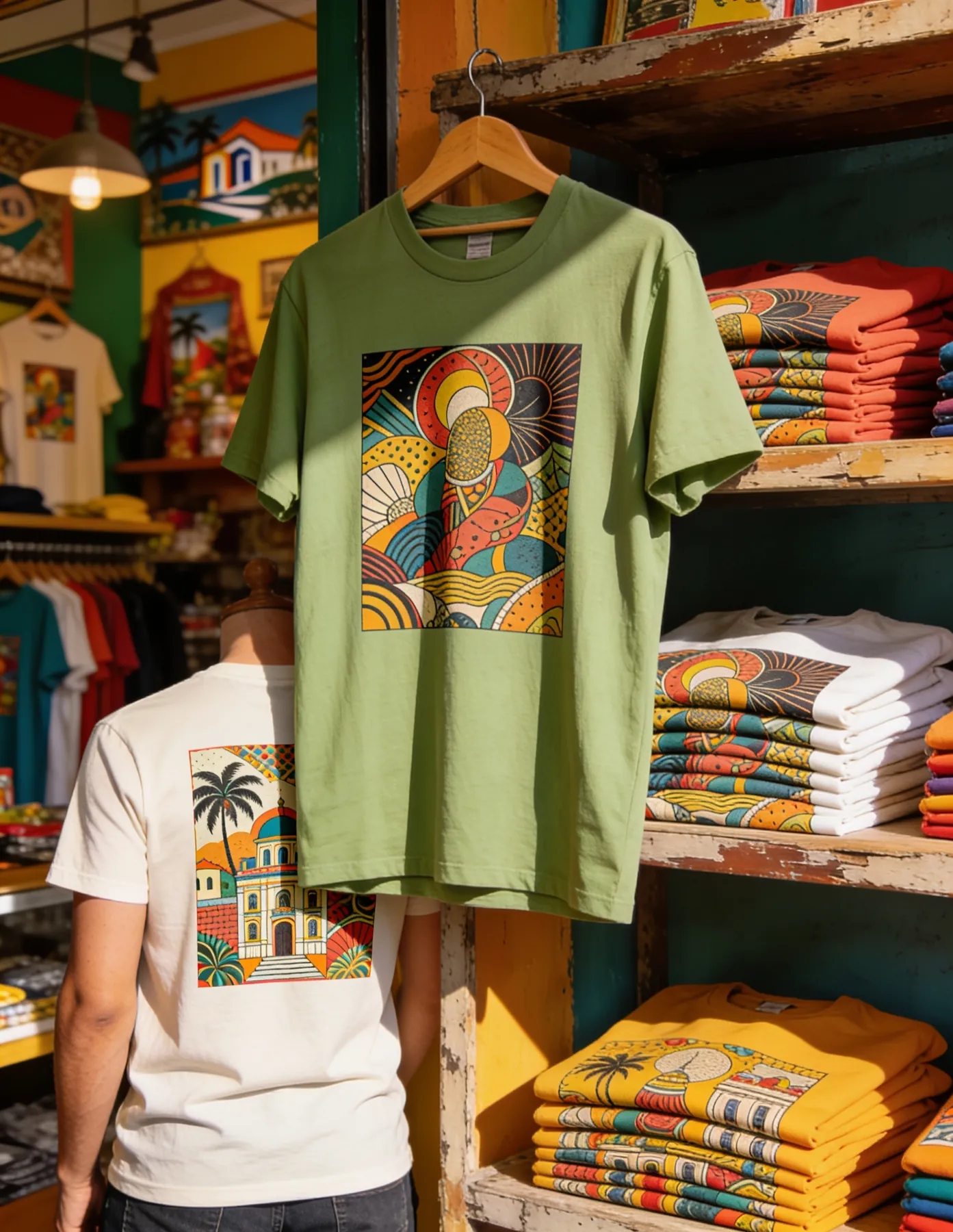 Modelo ilustrativo de camiseta verde com estampa tropical
