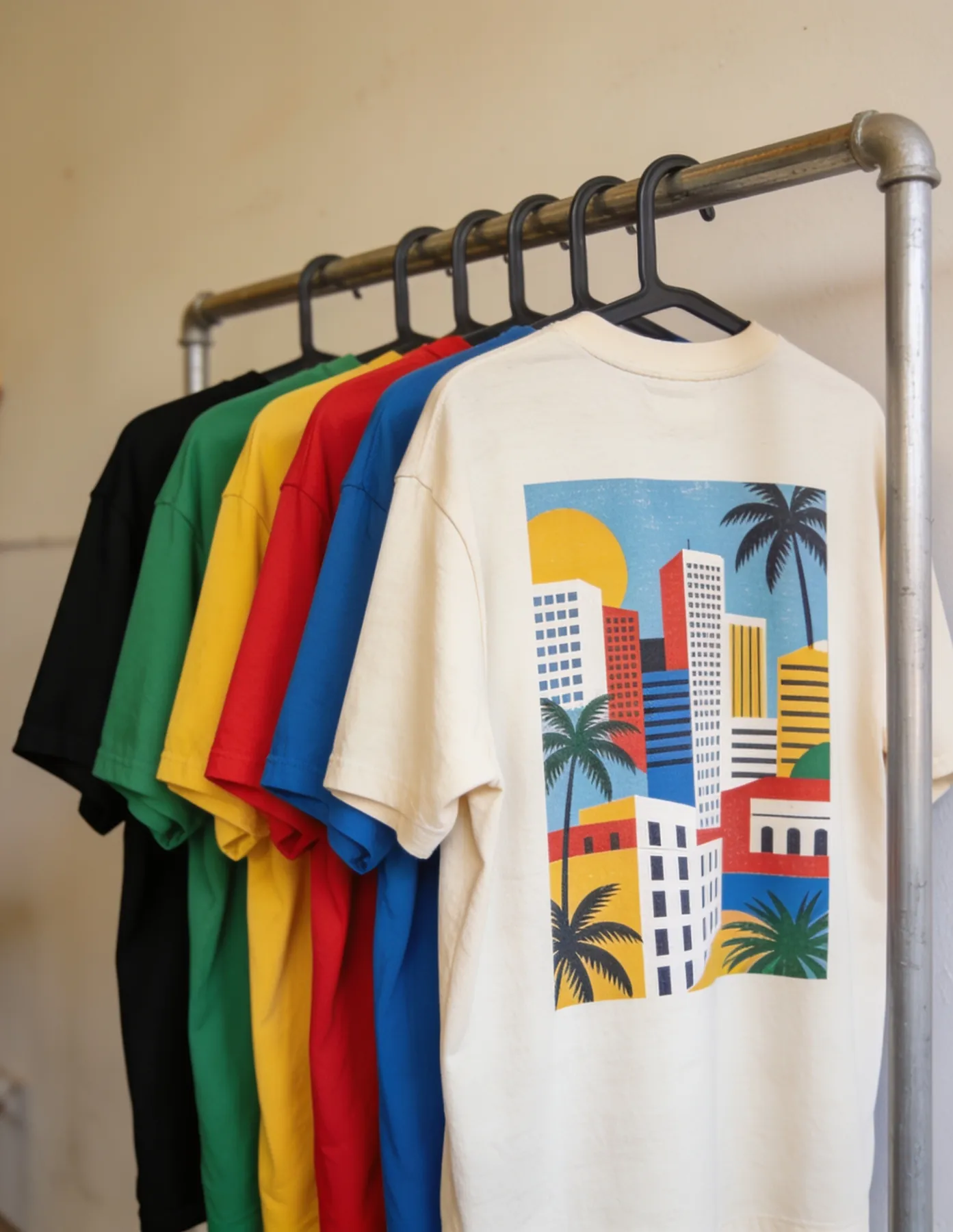 Modelo ilustrativo de camisas coloridas disponíveis para pedidos