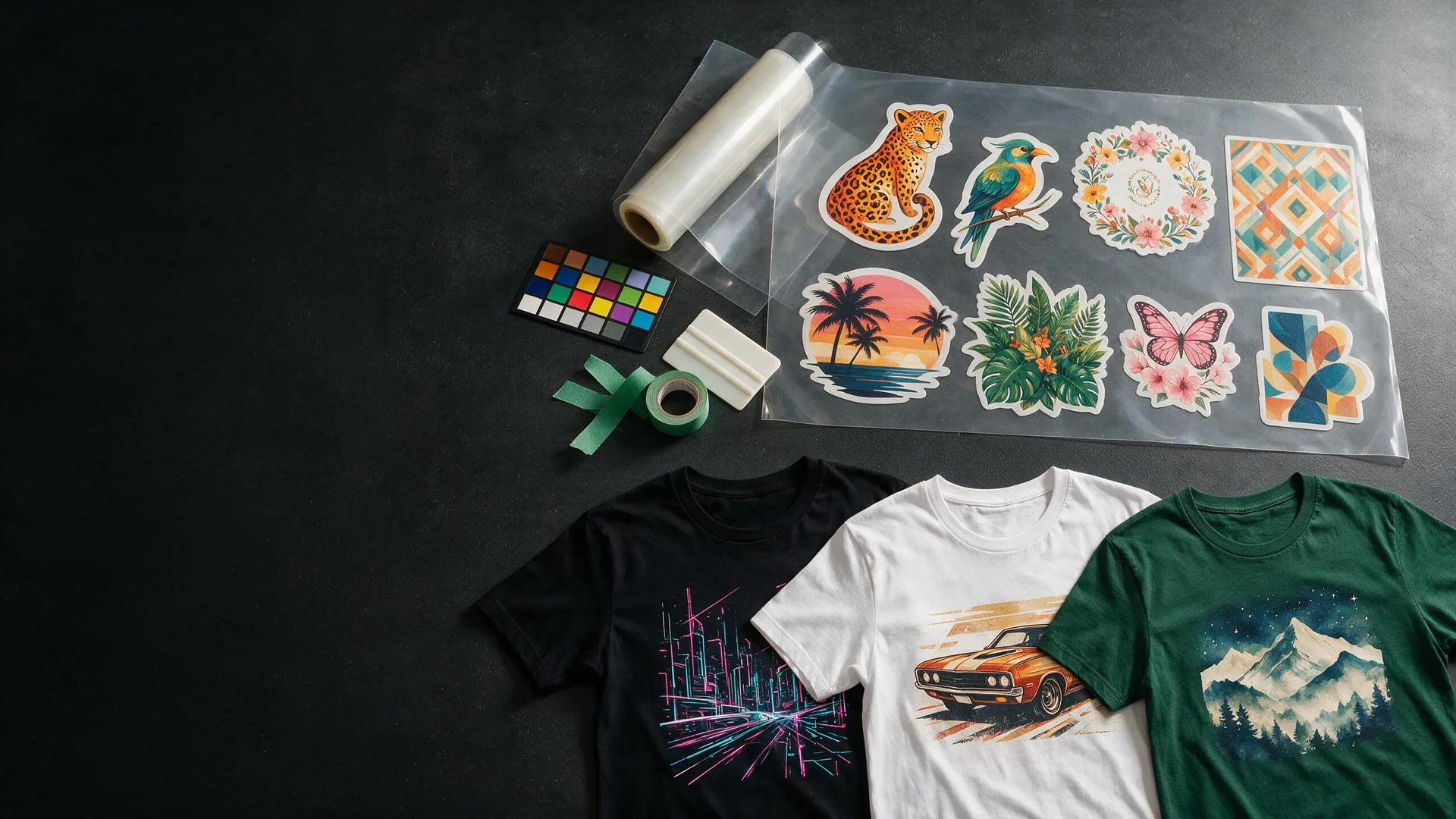 Filme DTF com estampas coloridas e camisetas finalizadas