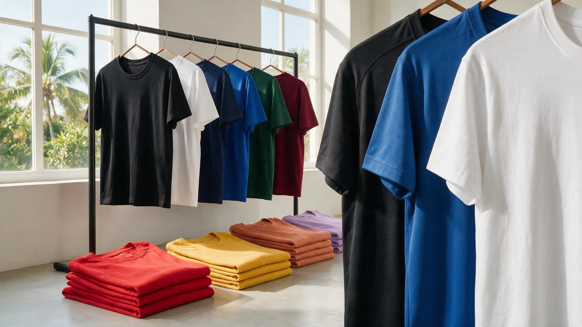 Camisas lisas coloridas em rack