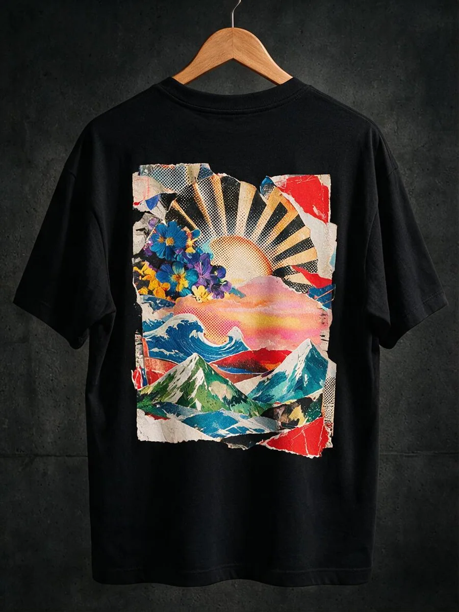 Camiseta preta com colagem editorial colorida