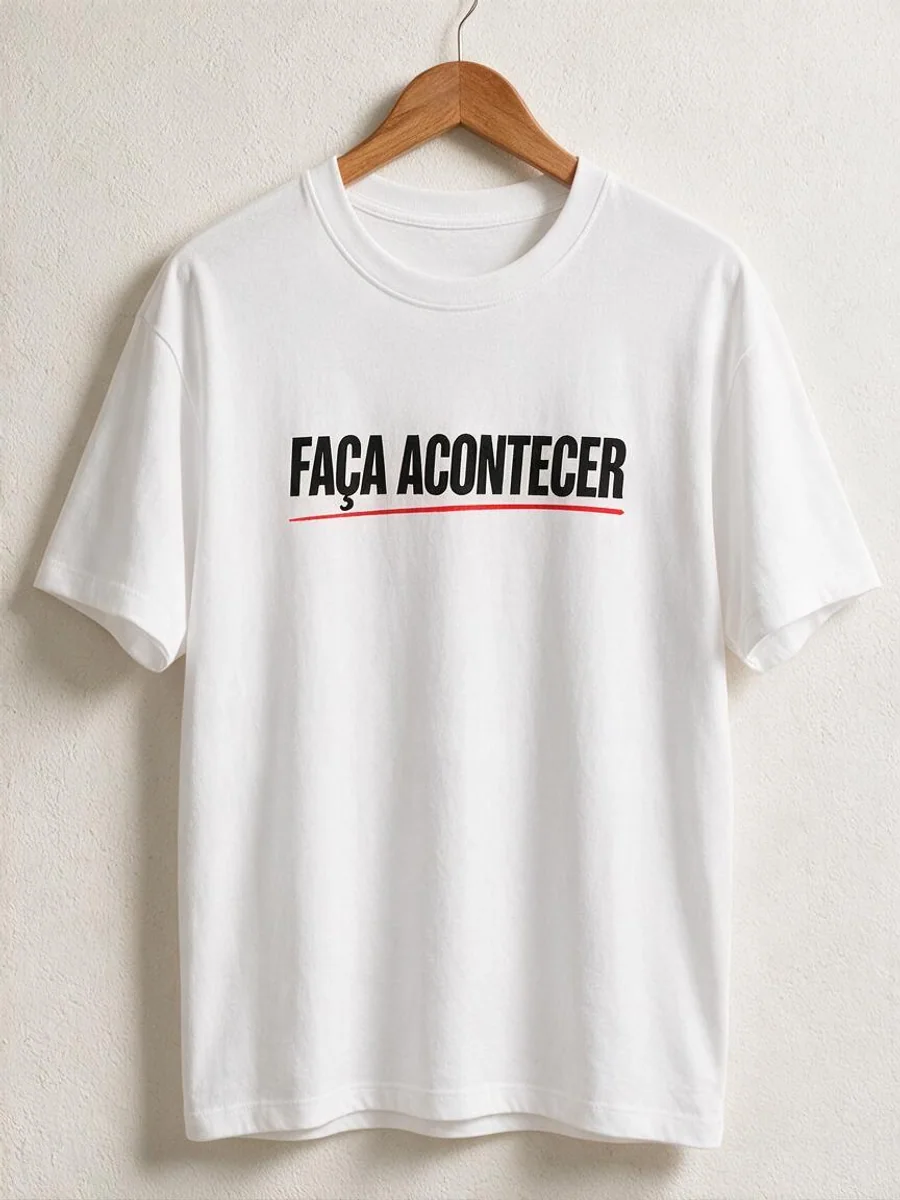 Camiseta branca com a frase Faça Acontecer