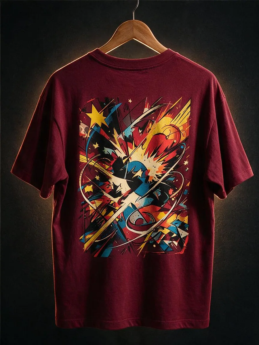 Camiseta vinho com arte gráfica abstrata nas costas