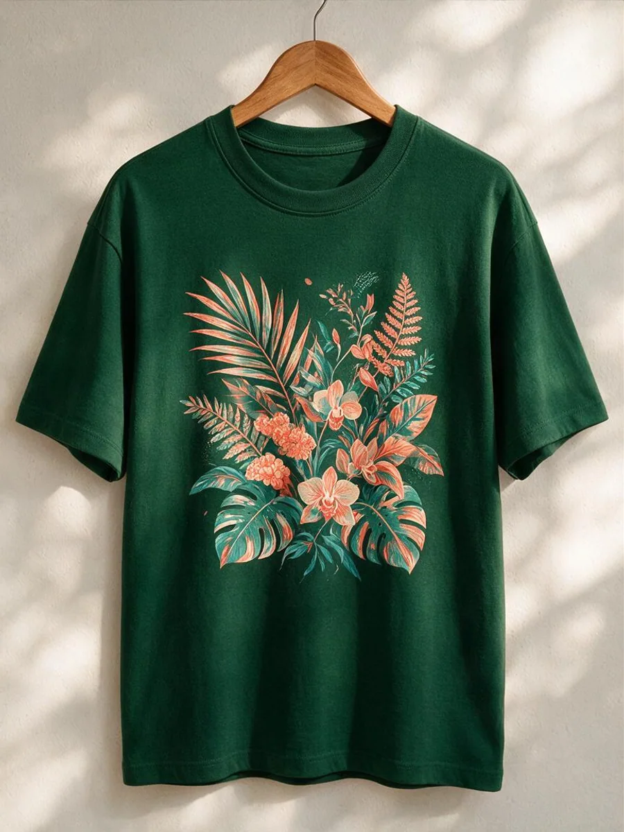 Camiseta verde com estampa tropical colorida em loja