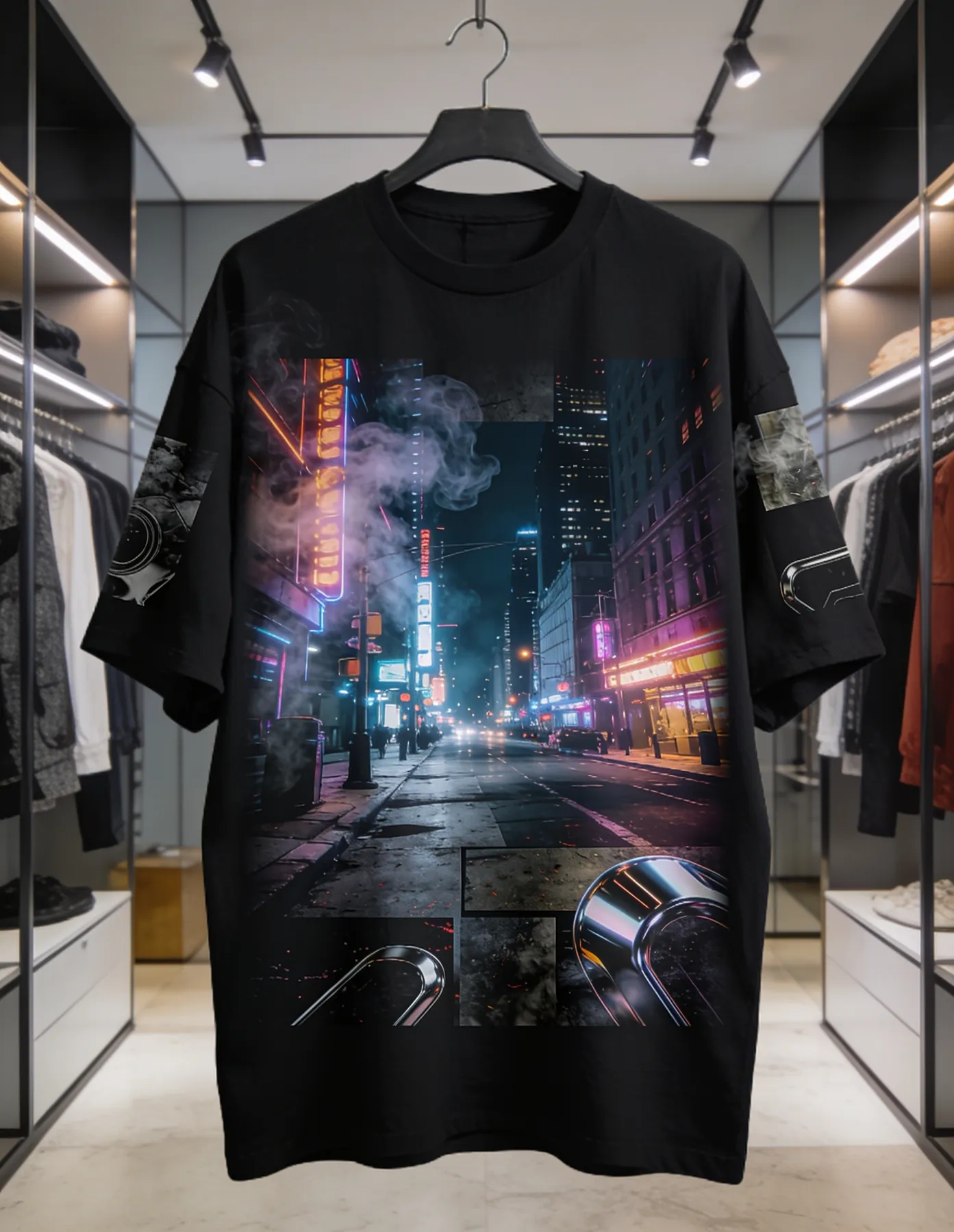 Modelo ilustrativo de camiseta personalizada com estampa urbana