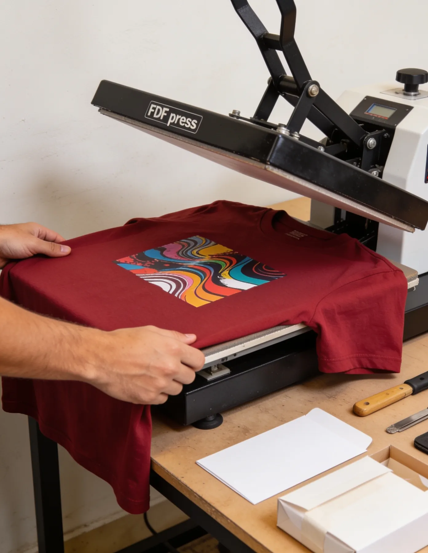 Prensa para aplicação DTF em camiseta vermelha